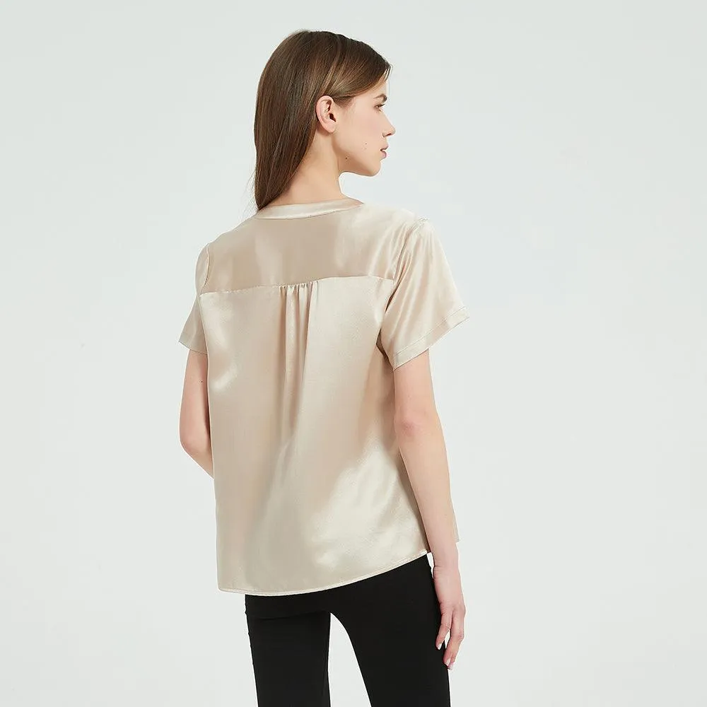22 Momme Short Sleeves Silk Shirts For Women  100% Pure Silk Top Silk Blouse