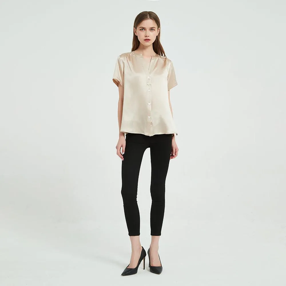 22 Momme Short Sleeves Silk Shirts For Women  100% Pure Silk Top Silk Blouse