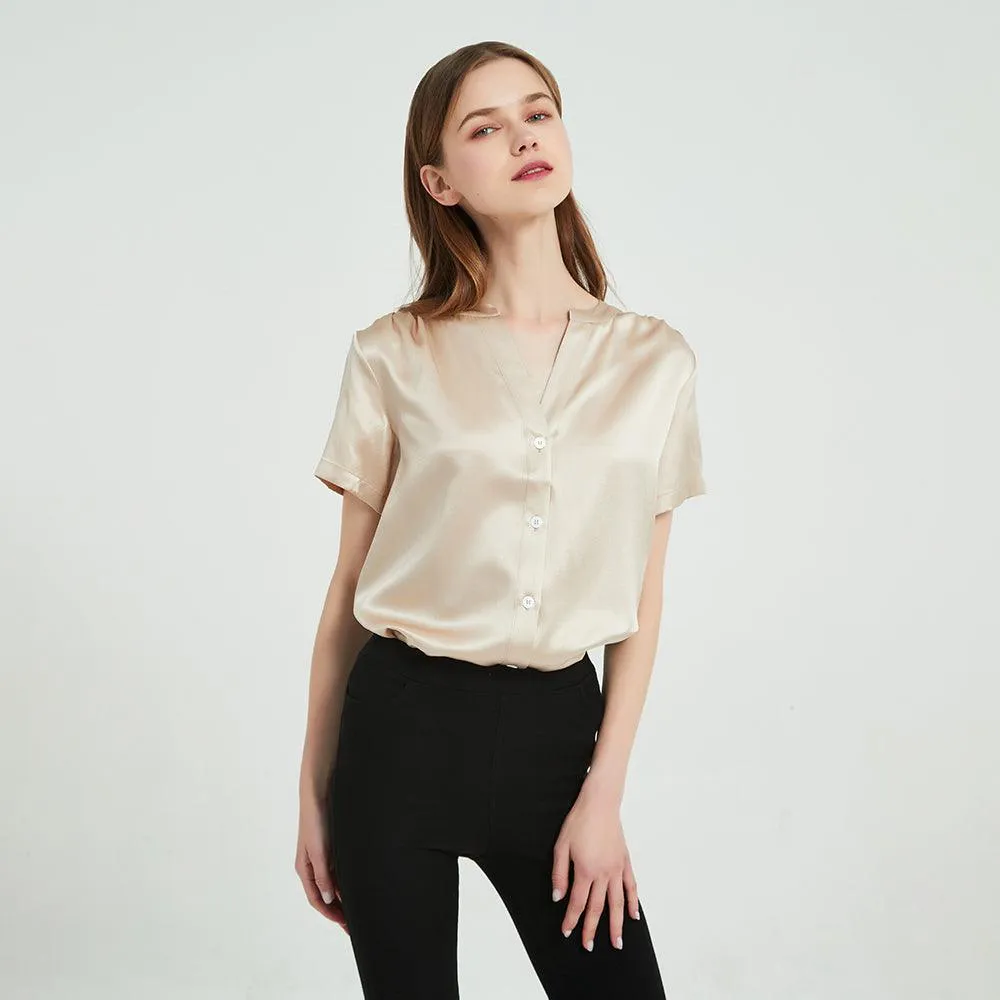 22 Momme Short Sleeves Silk Shirts For Women  100% Pure Silk Top Silk Blouse