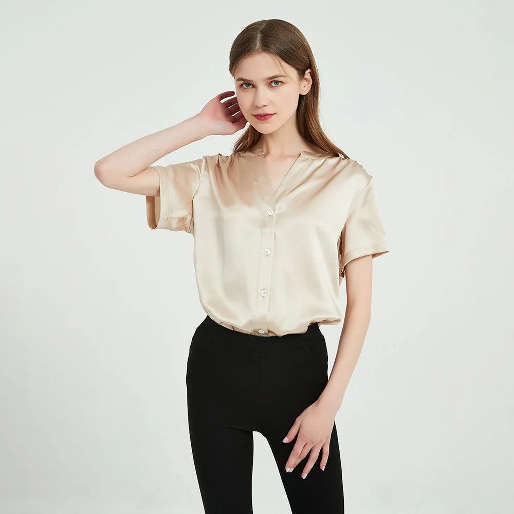 22 Momme Short Sleeves Silk Shirts For Women  100% Pure Silk Top Silk Blouse