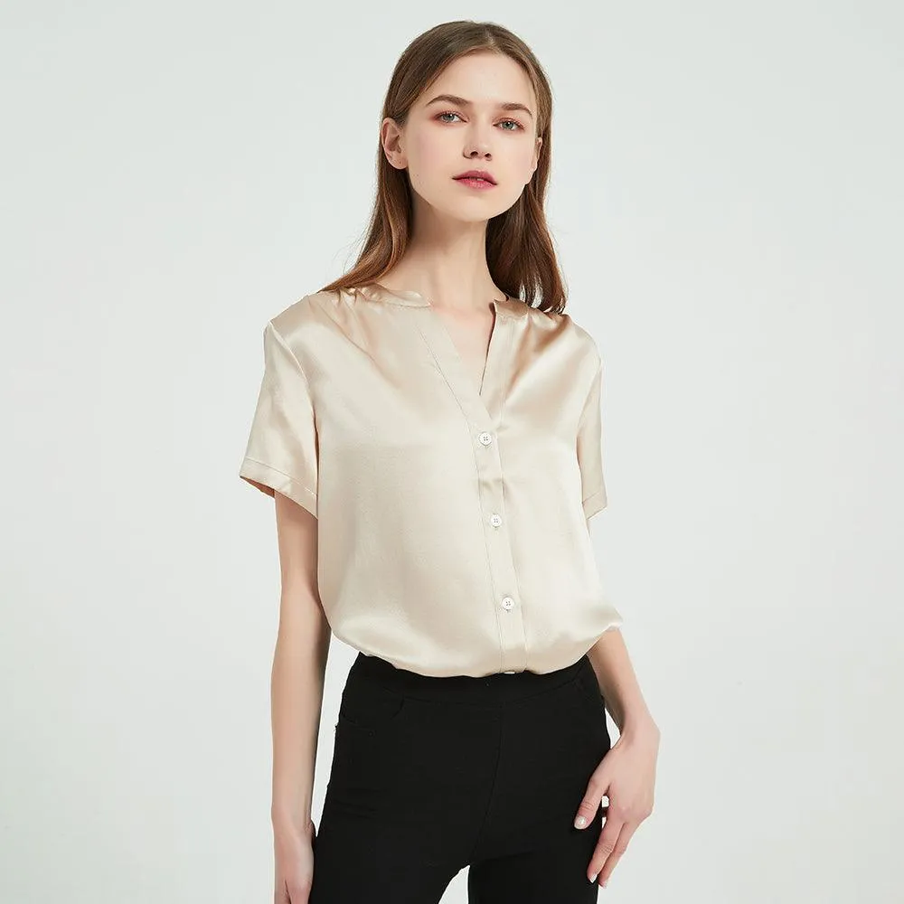 22 Momme Short Sleeves Silk Shirts For Women  100% Pure Silk Top Silk Blouse