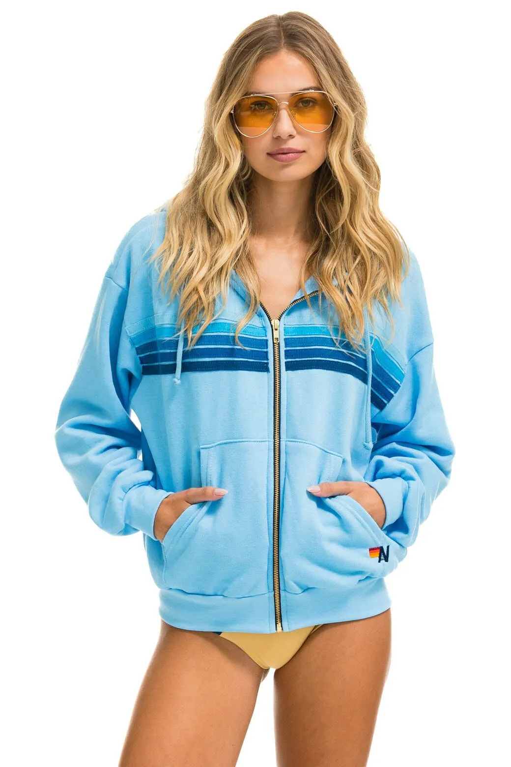5 STRIPE RELAXED ZIP HOODIE - SKY BLUE