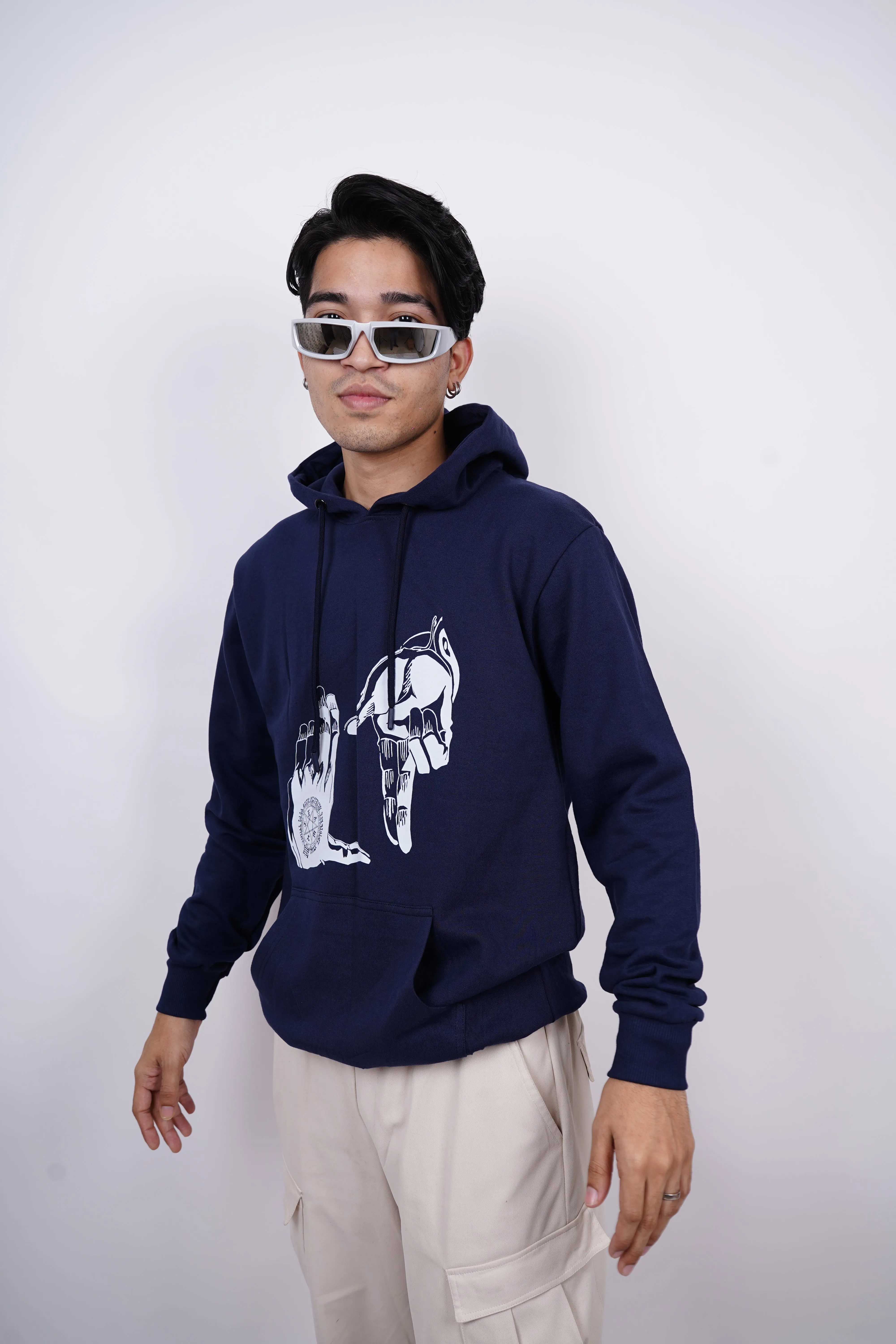 Alucard's Hand Symbol Relaxed Fit Navy Blue Hoodie For Men By DemonWear