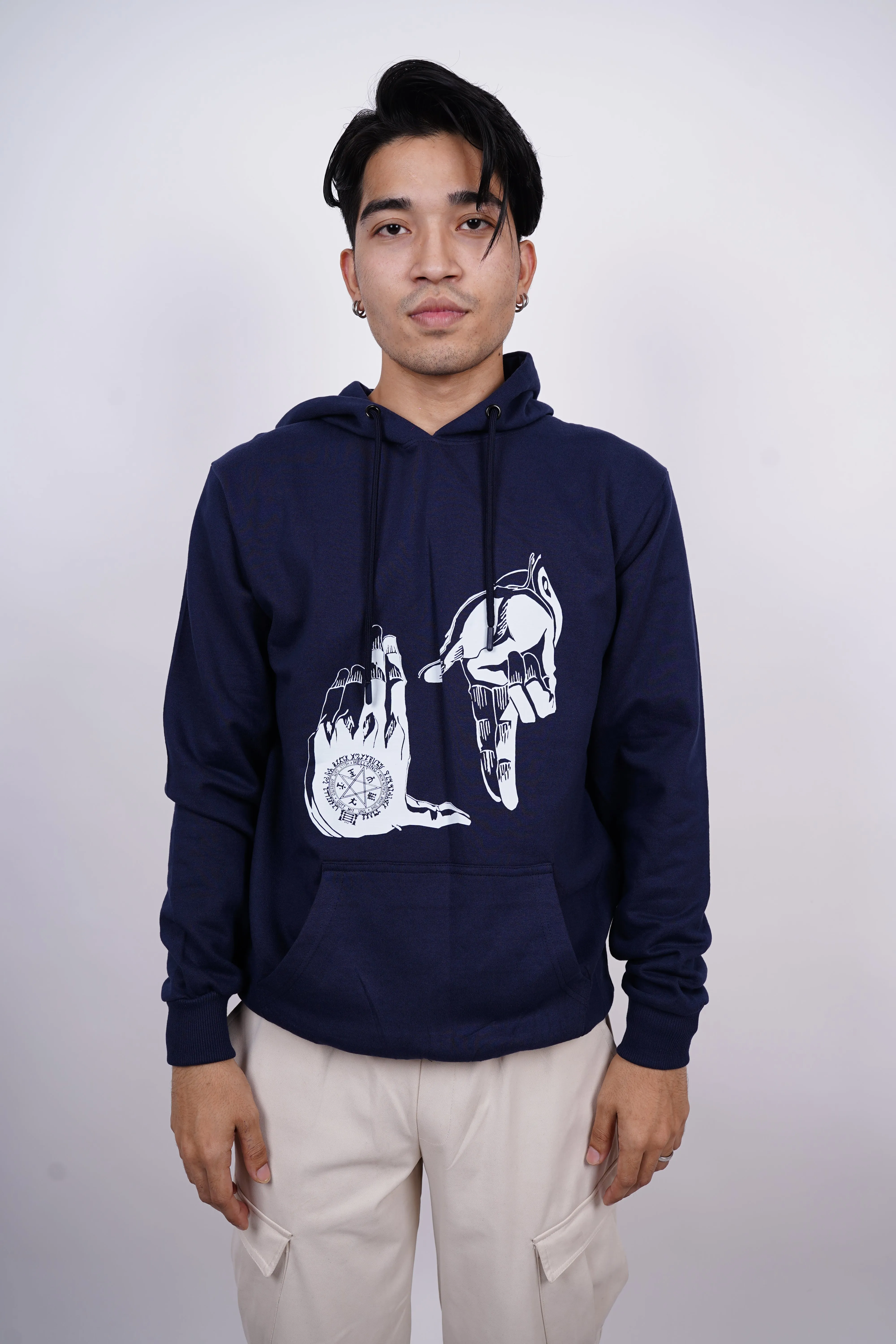 Alucard's Hand Symbol Relaxed Fit Navy Blue Hoodie For Men By DemonWear