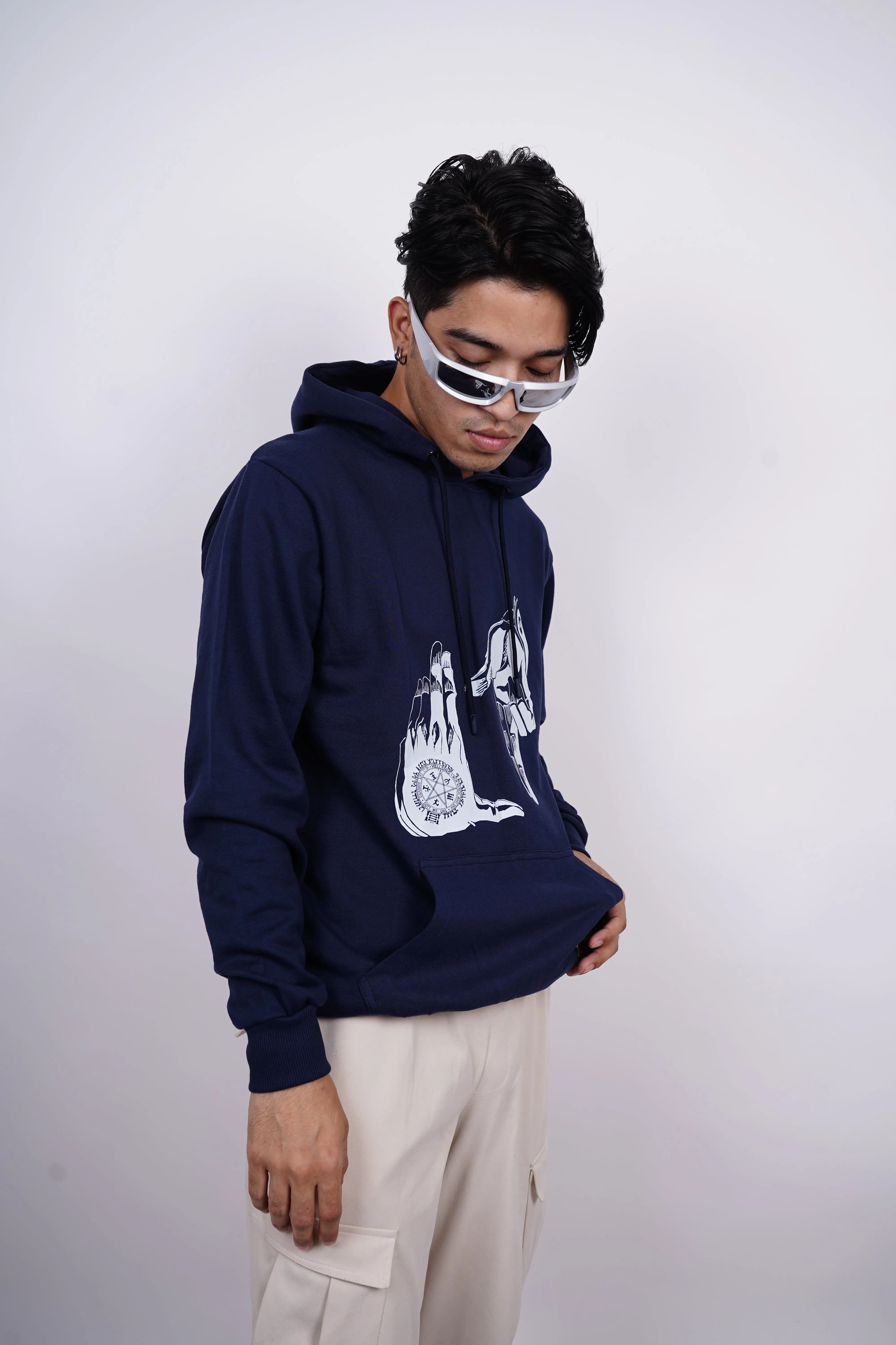 Alucard's Hand Symbol Relaxed Fit Navy Blue Hoodie For Men By DemonWear