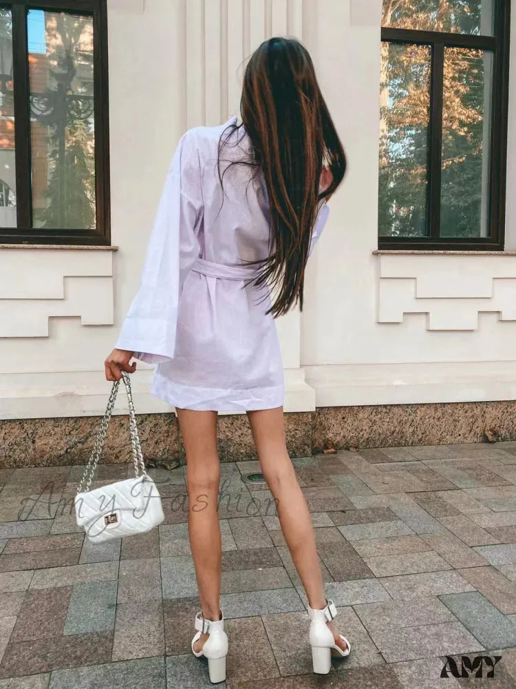 Amy Fashion - V-Neck Kimono Cotton Linen Long Sleeve Sashes Dresses