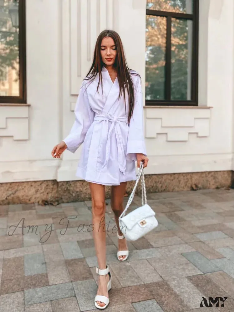 Amy Fashion - V-Neck Kimono Cotton Linen Long Sleeve Sashes Dresses