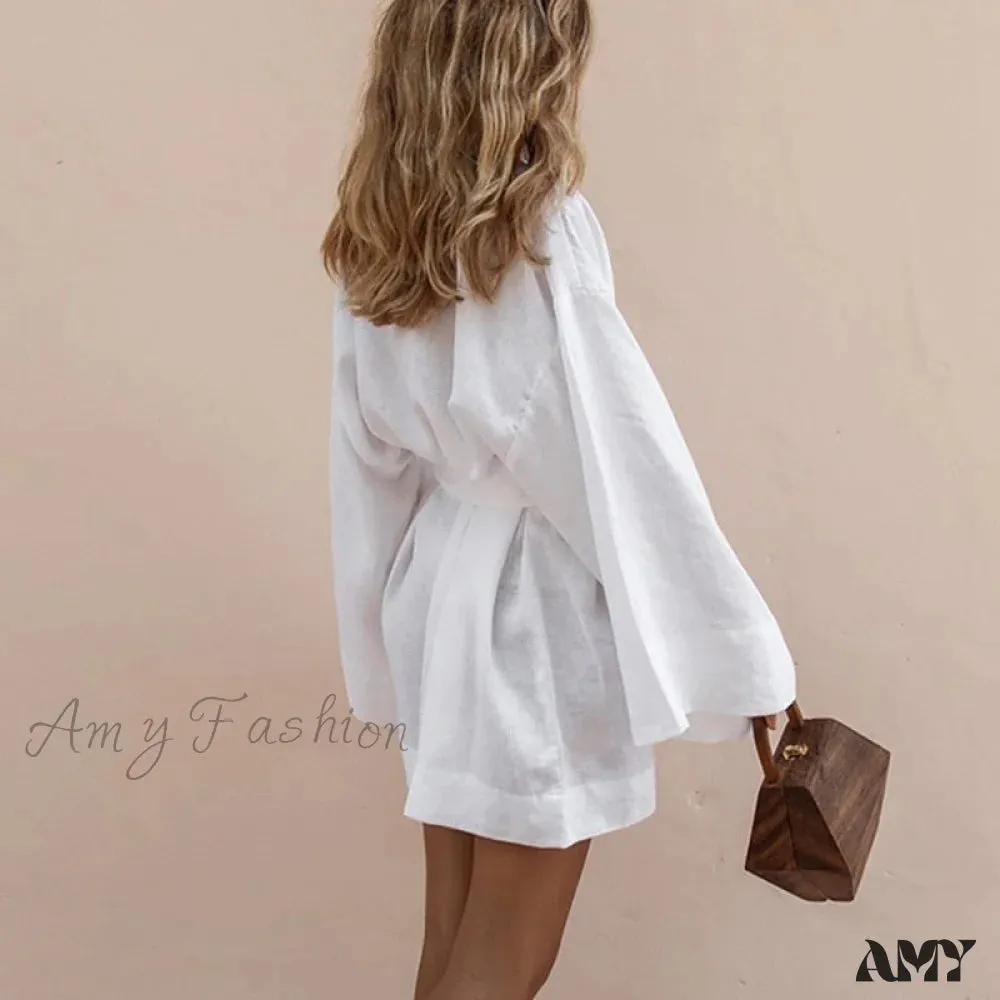 Amy Fashion - V-Neck Kimono Cotton Linen Long Sleeve Sashes Dresses