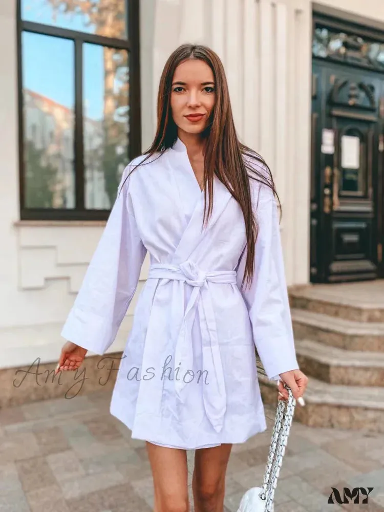 Amy Fashion - V-Neck Kimono Cotton Linen Long Sleeve Sashes Dresses