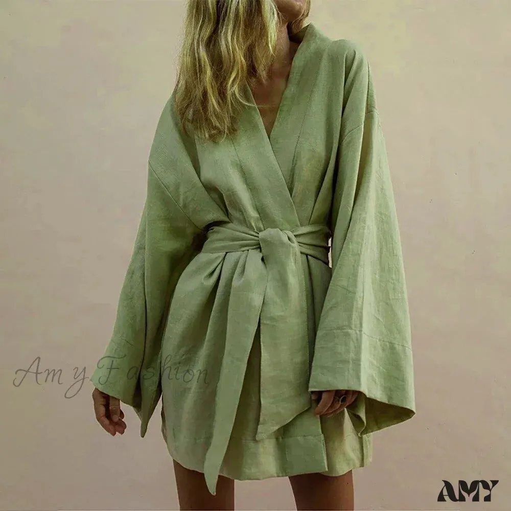 Amy Fashion - V-Neck Kimono Cotton Linen Long Sleeve Sashes Dresses