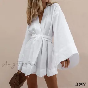 Amy Fashion - V-Neck Kimono Cotton Linen Long Sleeve Sashes Dresses