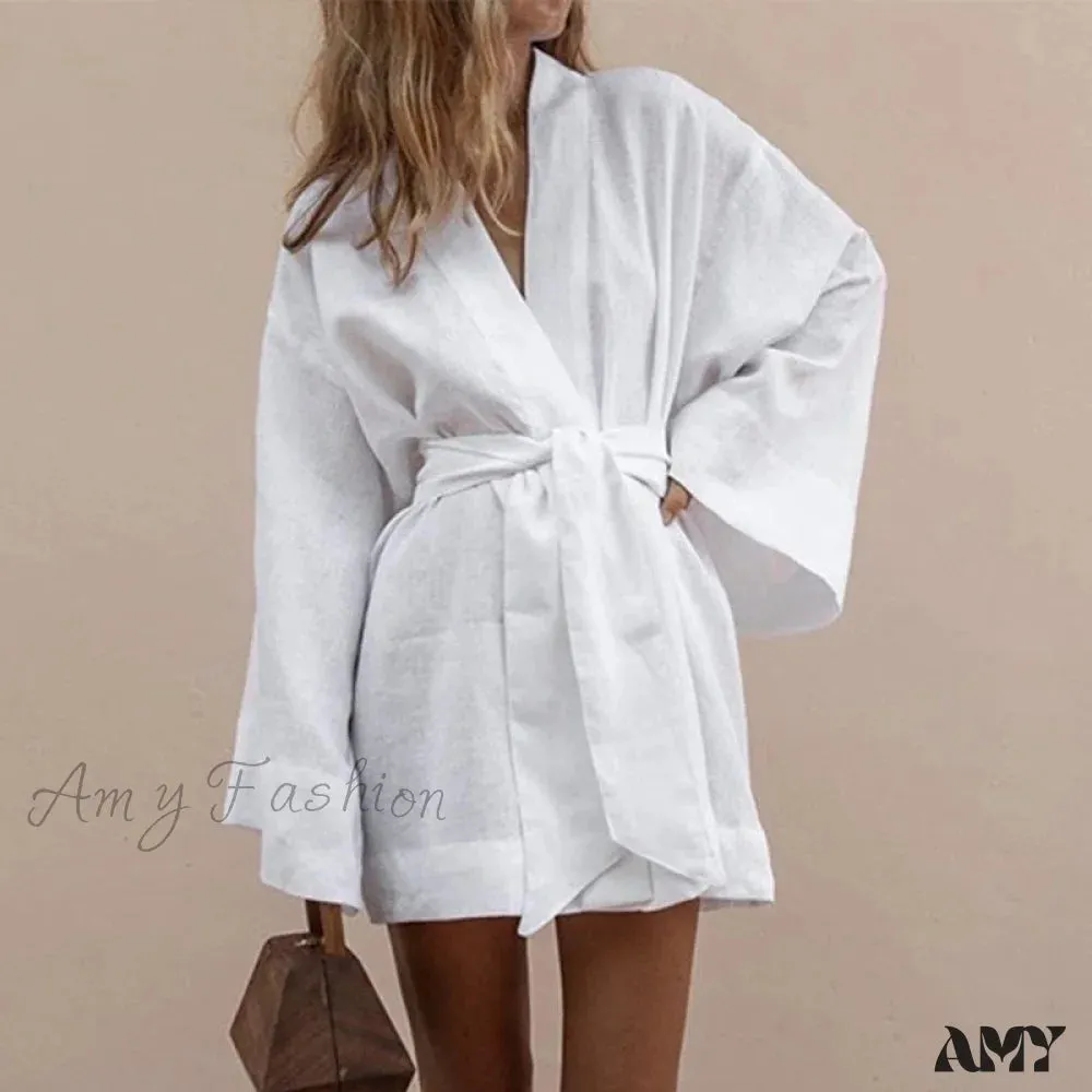 Amy Fashion - V-Neck Kimono Cotton Linen Long Sleeve Sashes Dresses
