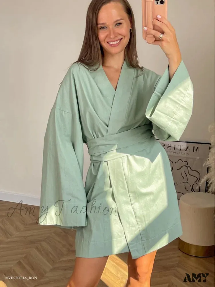 Amy Fashion - V-Neck Kimono Cotton Linen Long Sleeve Sashes Dresses