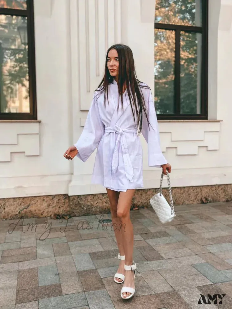 Amy Fashion - V-Neck Kimono Cotton Linen Long Sleeve Sashes Dresses