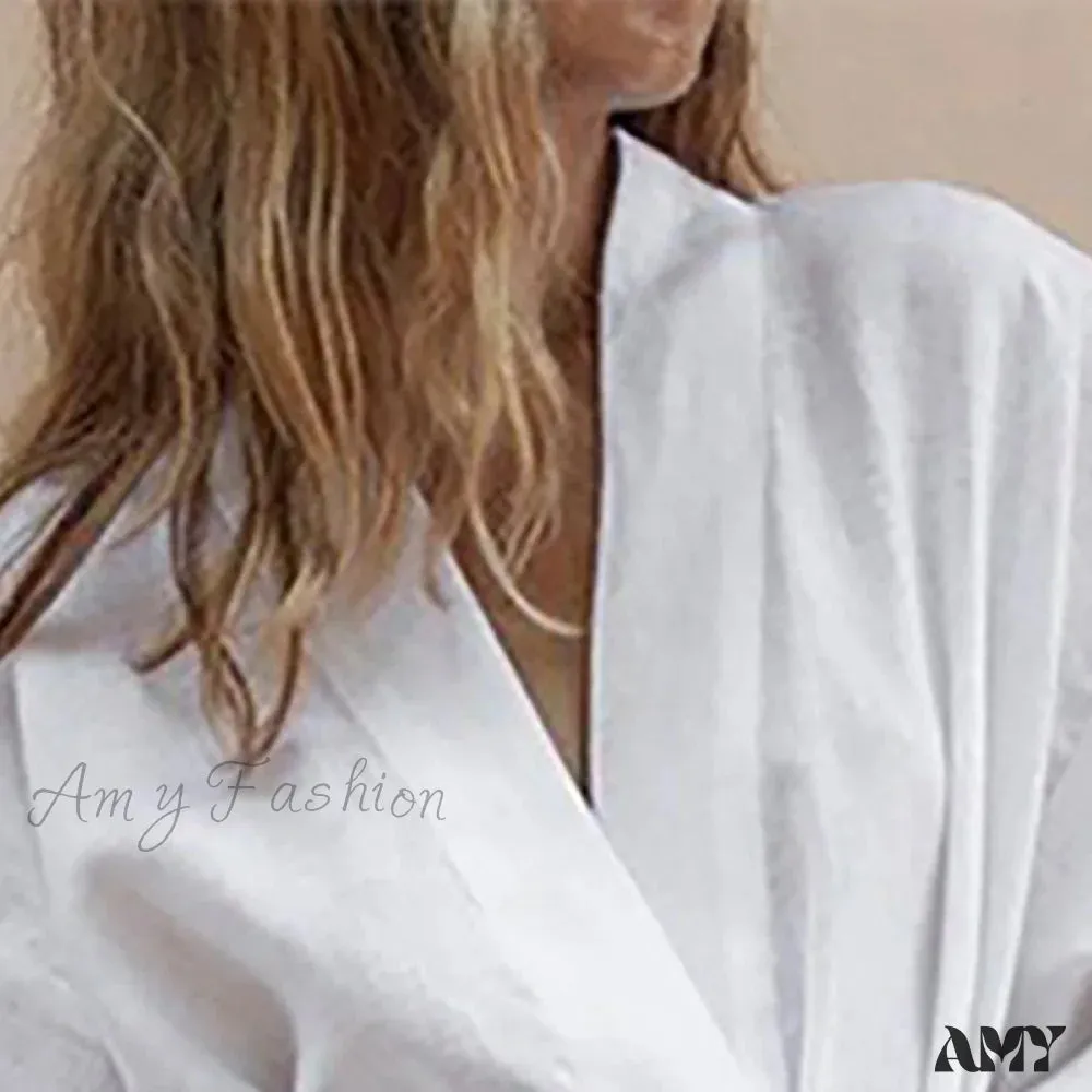 Amy Fashion - V-Neck Kimono Cotton Linen Long Sleeve Sashes Dresses