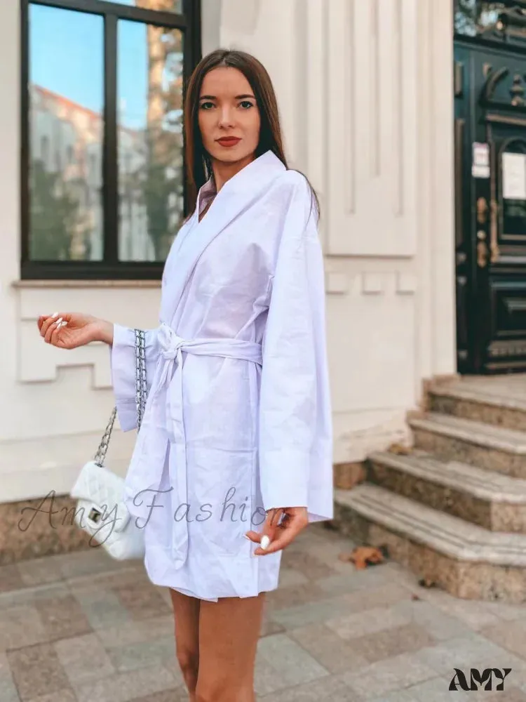 Amy Fashion - V-Neck Kimono Cotton Linen Long Sleeve Sashes Dresses