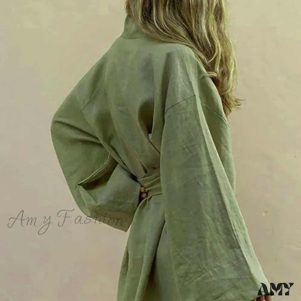Amy Fashion - V-Neck Kimono Cotton Linen Long Sleeve Sashes Dresses