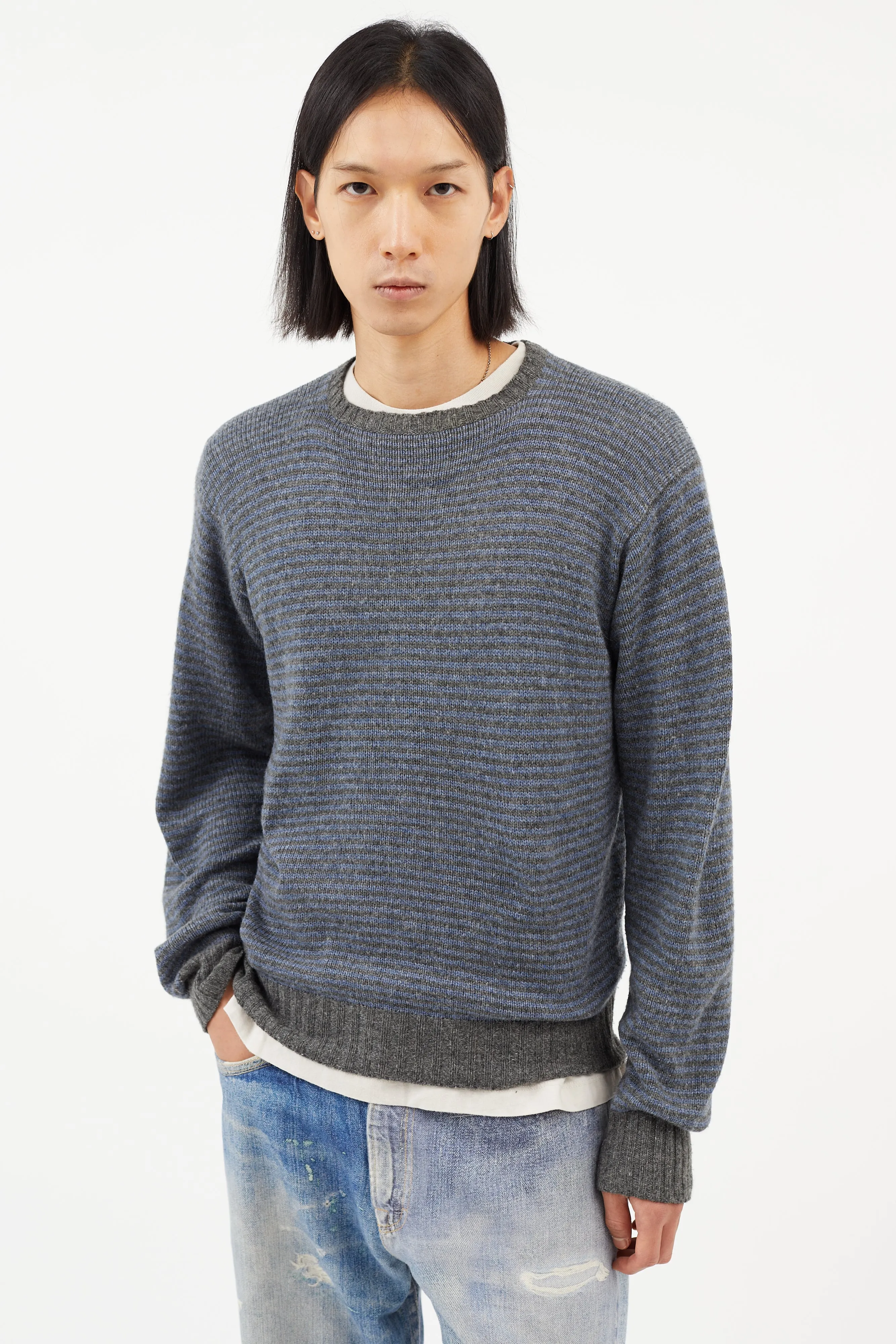 Blue & Grey Cashmere Striped Knit Sweater