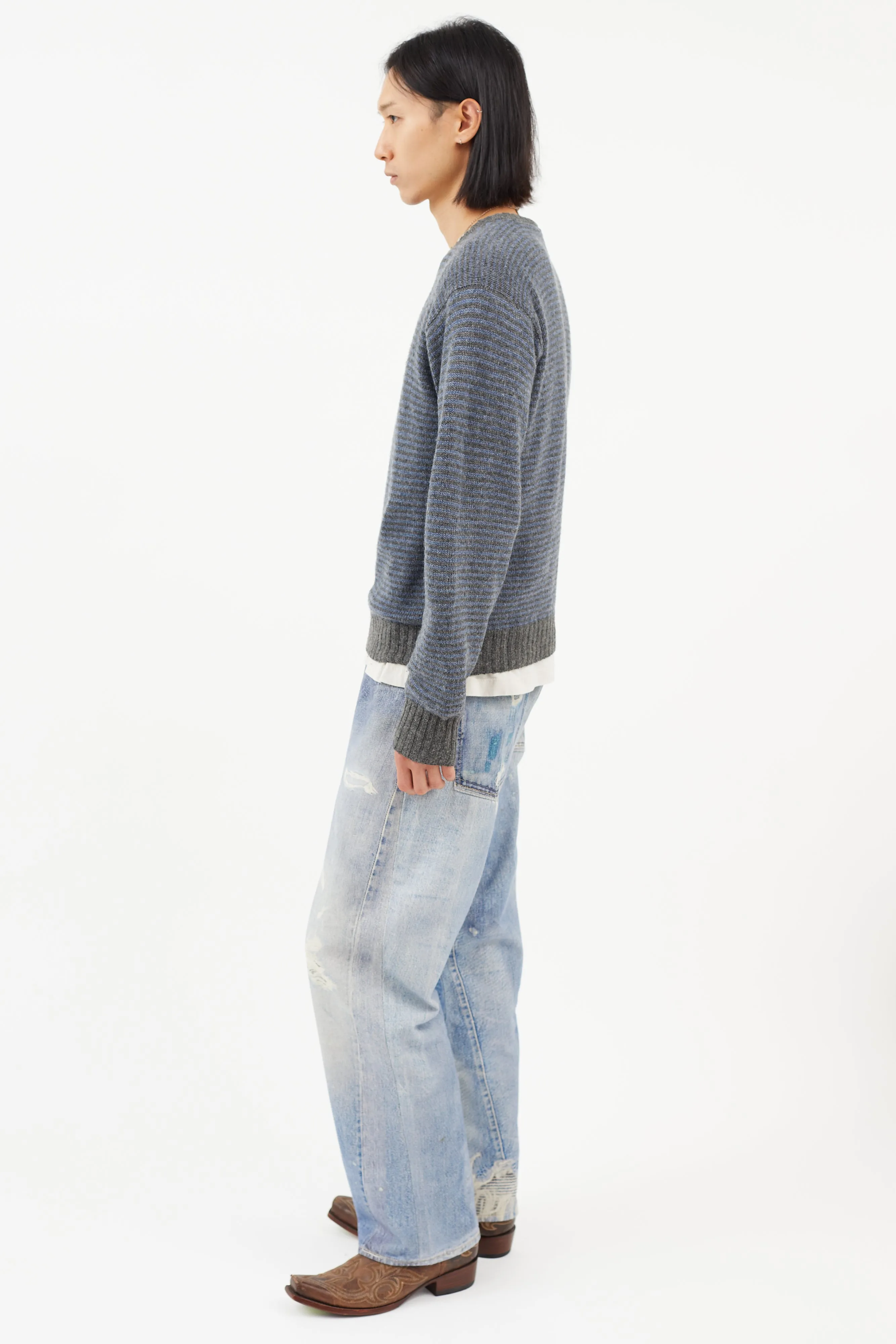 Blue & Grey Cashmere Striped Knit Sweater