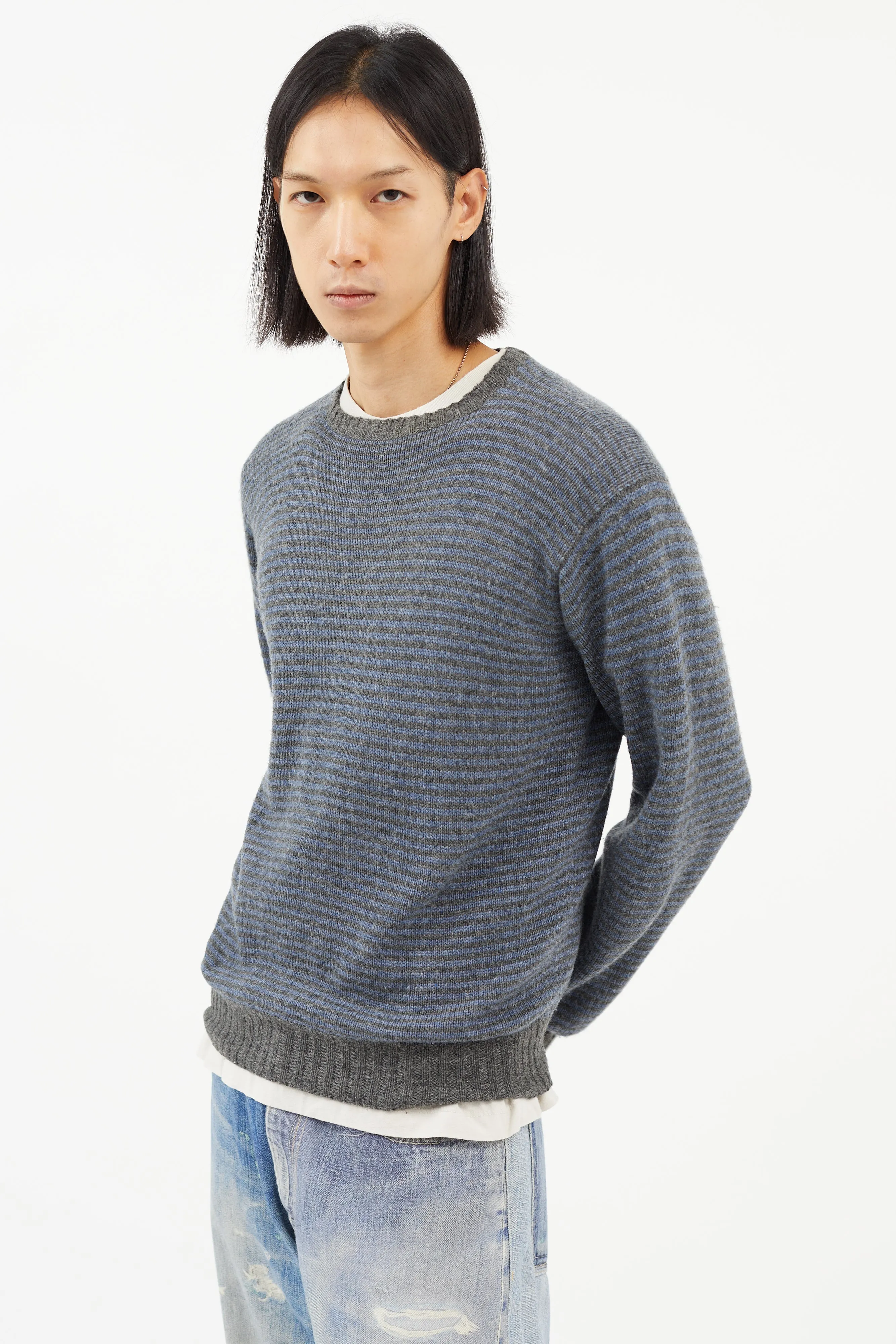 Blue & Grey Cashmere Striped Knit Sweater