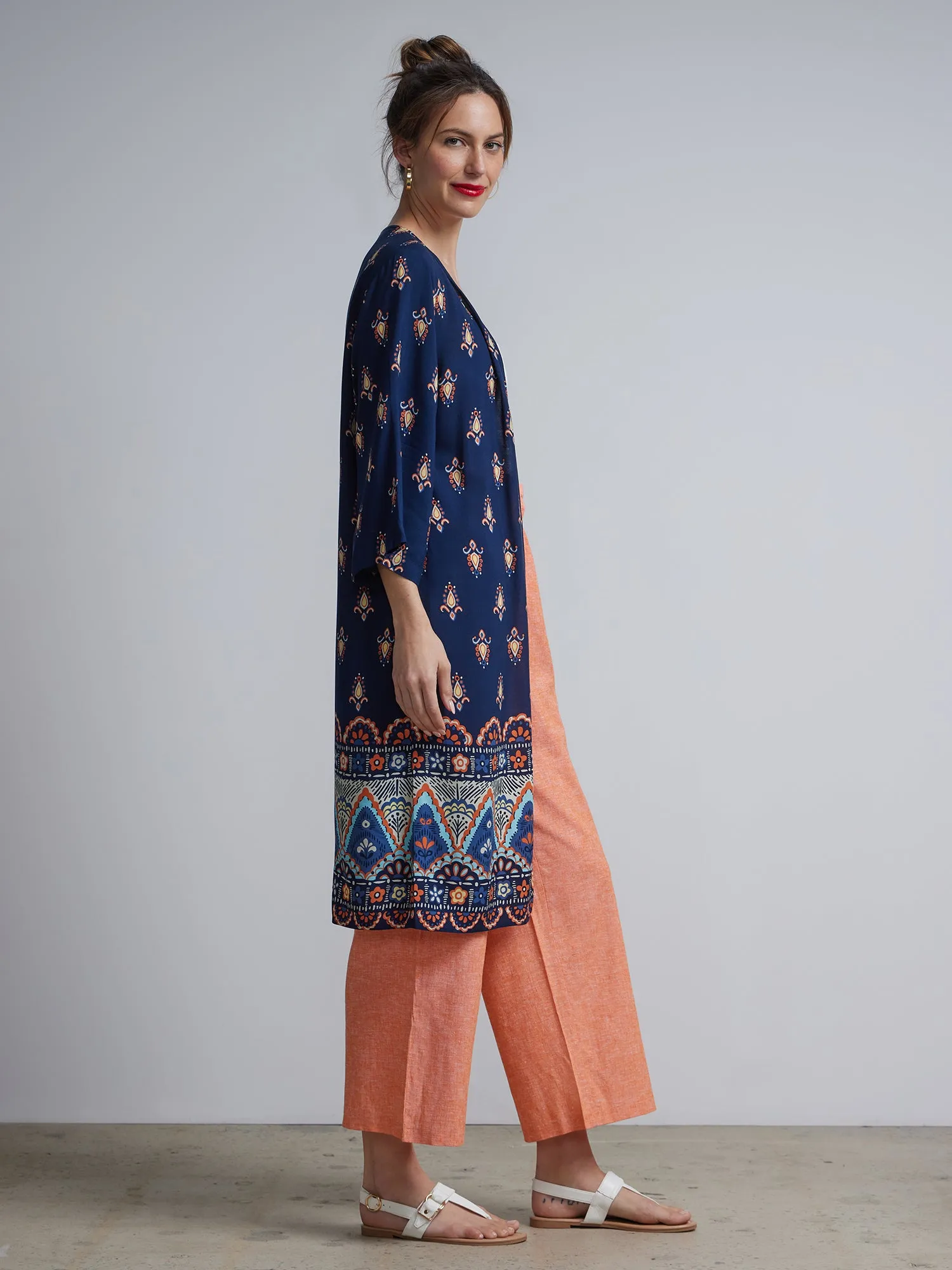 Border-Print Open-Front Kimono