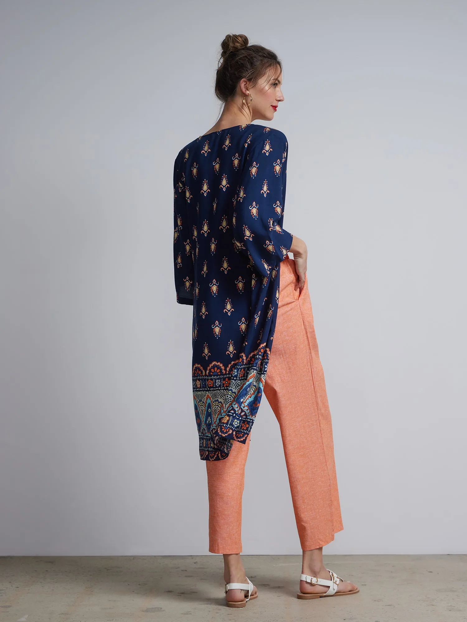 Border-Print Open-Front Kimono
