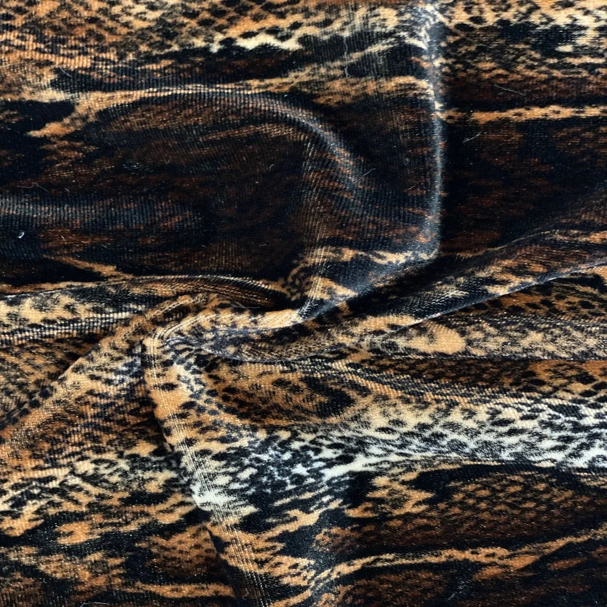 Brown Snake Skin Printed Stretch Velvet Fabric