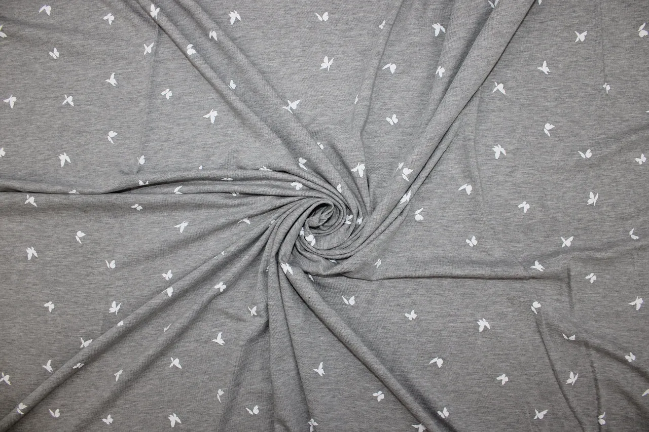 Butterflies in Flight Printed Rayon Jersey - White on Gray