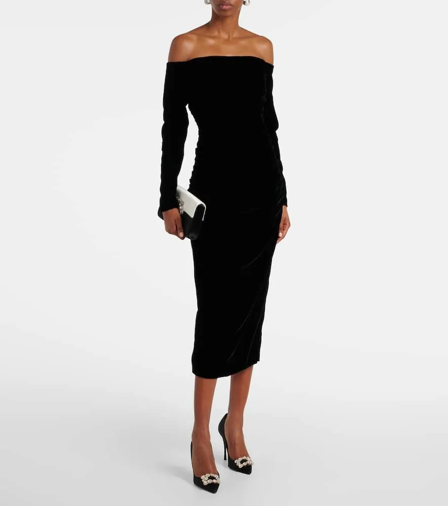 Carolina Herrera Off-shoulder ruched velvet midi dress