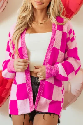 Checkered Printed Ribbed Trim Cardigan
