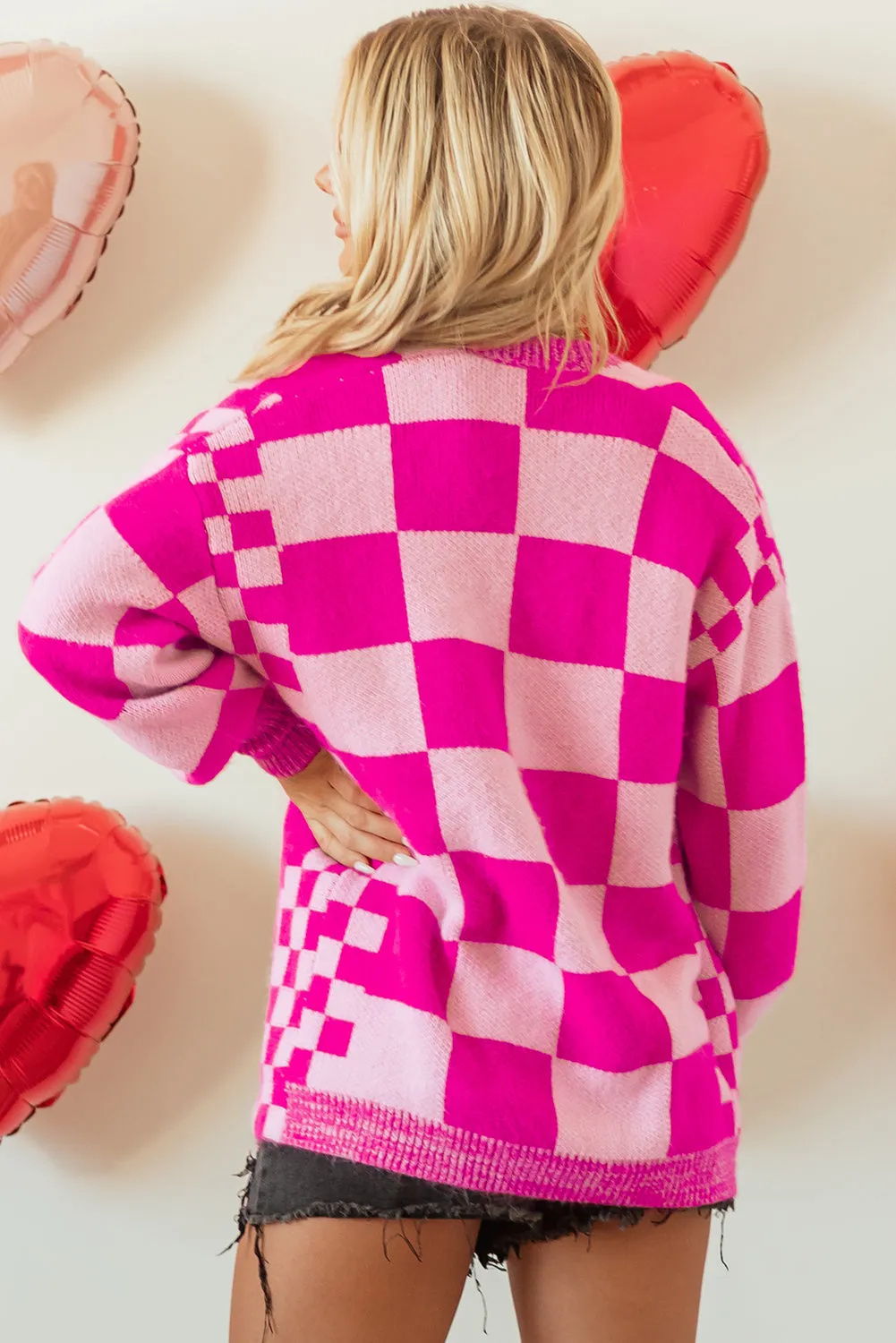 Checkered Printed Ribbed Trim Cardigan