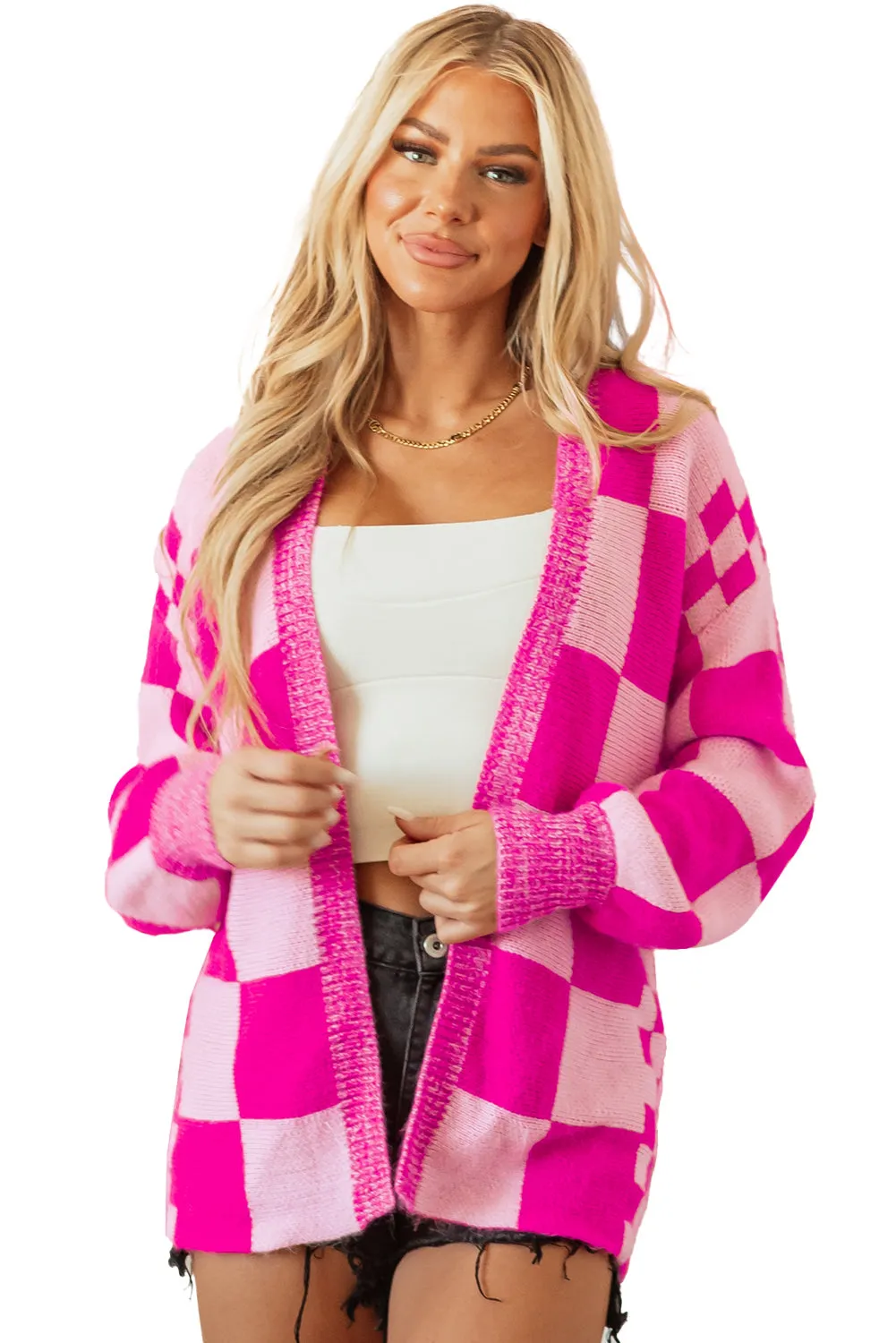 Checkered Printed Ribbed Trim Cardigan