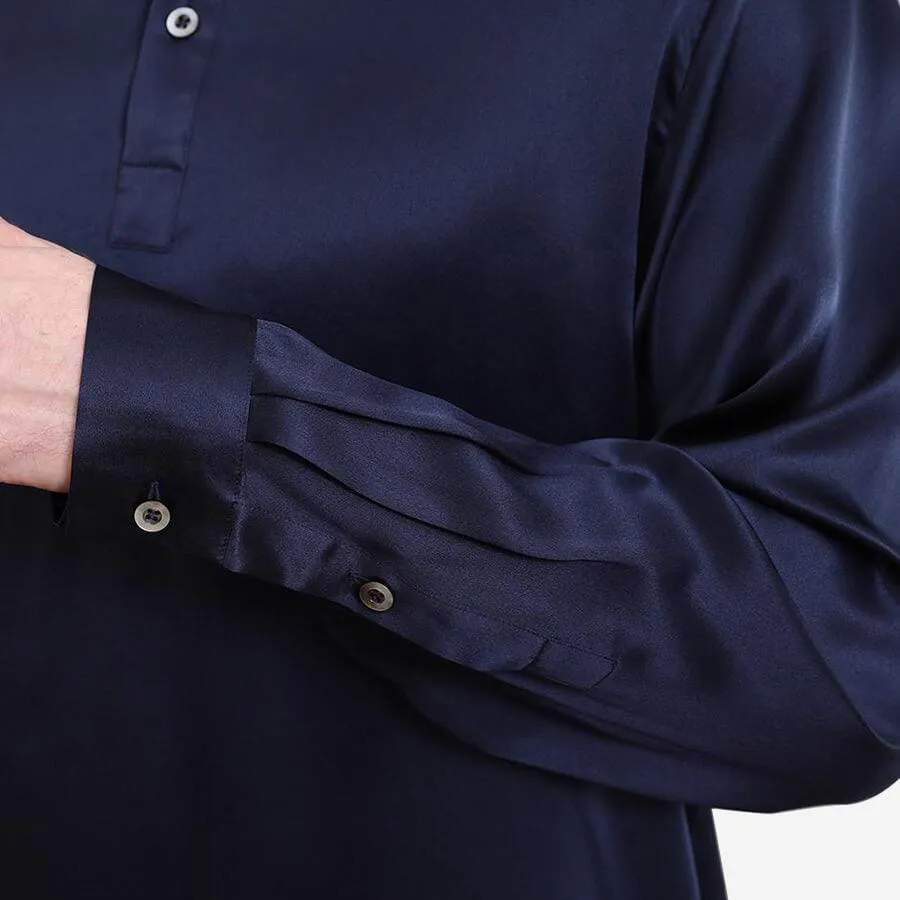 Classic Pure Color Mens Silk Polo Shirts Long Sleeves Business Silk Top