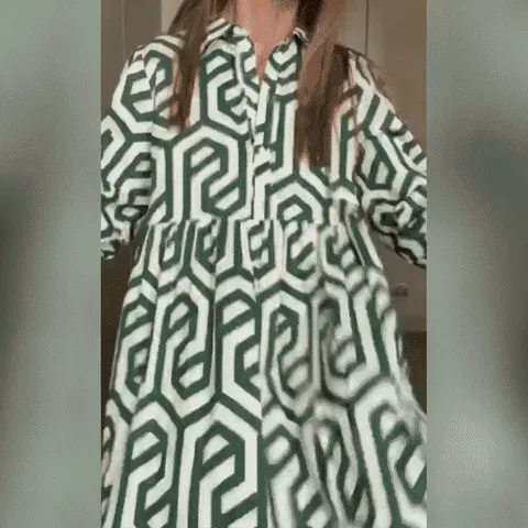 Collar Long Sleeves Print Button Down Midi Dress