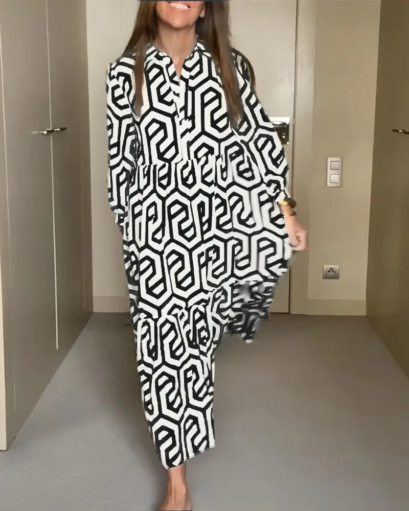 Collar Long Sleeves Print Button Down Midi Dress