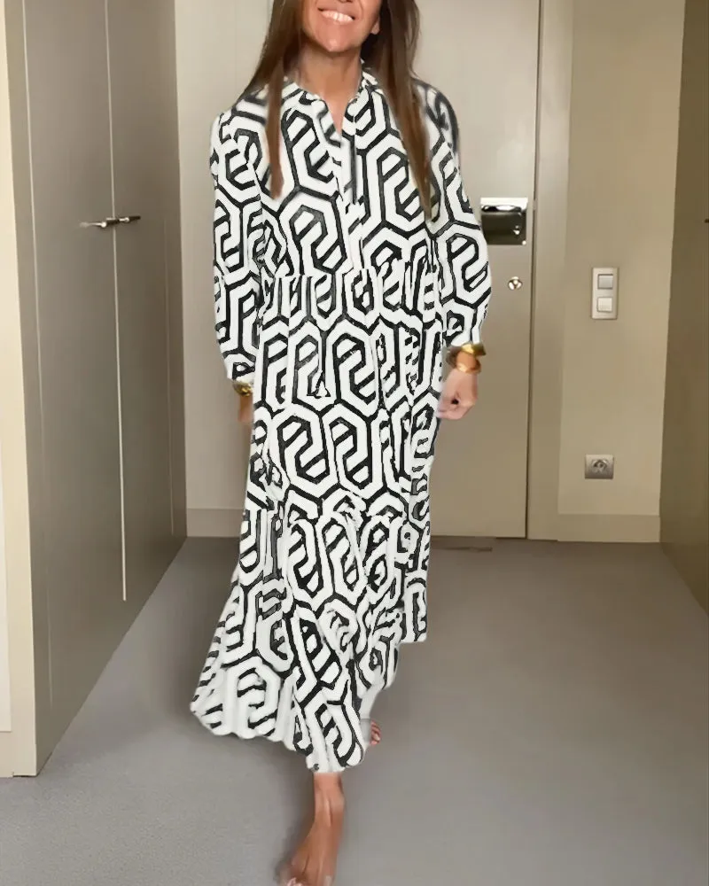 Collar Long Sleeves Print Button Down Midi Dress