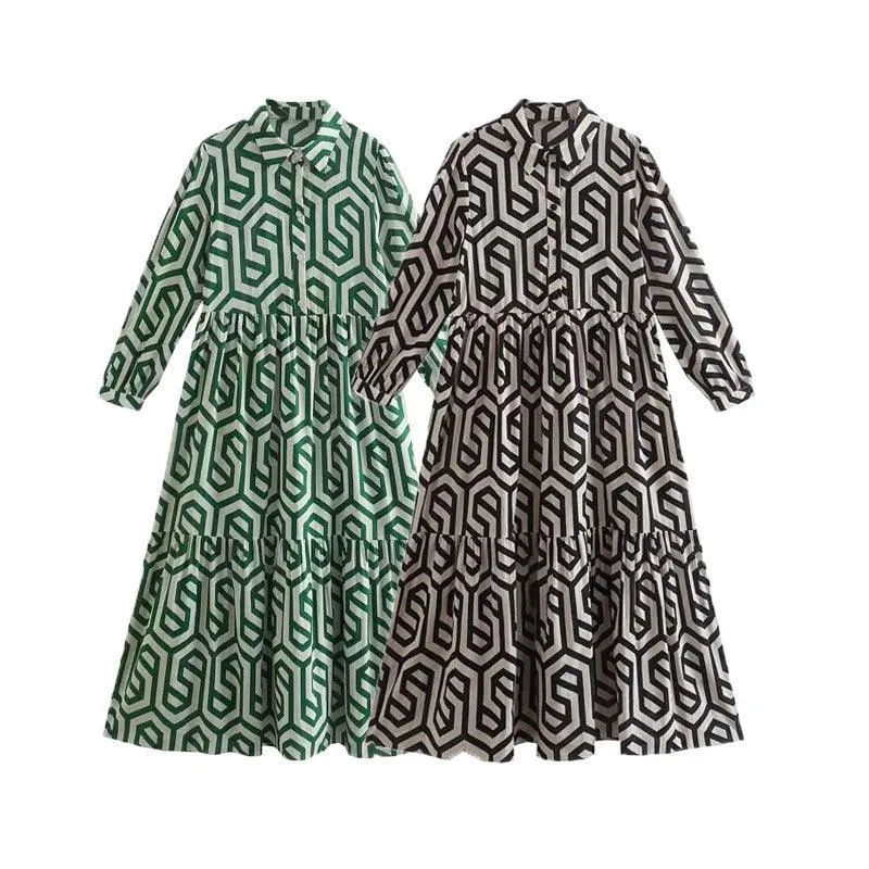 Collar Long Sleeves Print Button Down Midi Dress