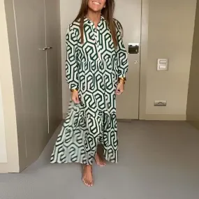 Collar Long Sleeves Print Button Down Midi Dress