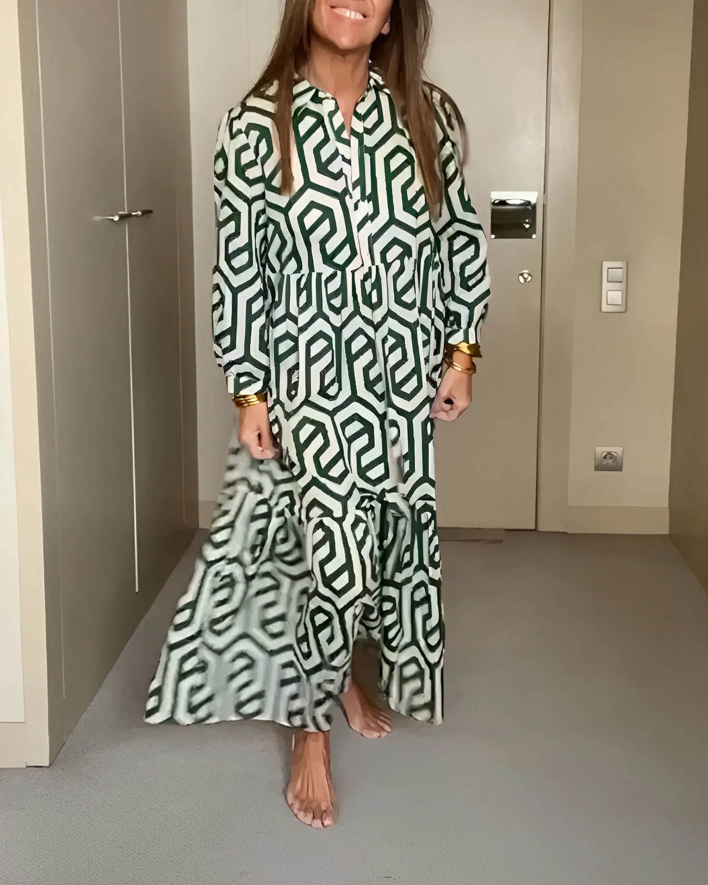 Collar Long Sleeves Print Button Down Midi Dress