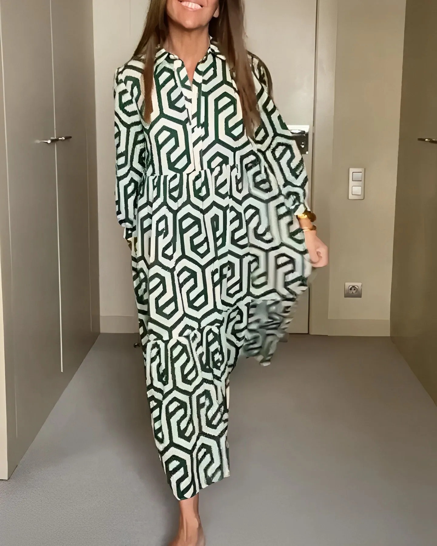 Collar Long Sleeves Print Button Down Midi Dress