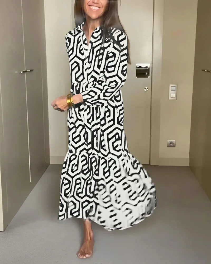 Collar Long Sleeves Print Button Down Midi Dress