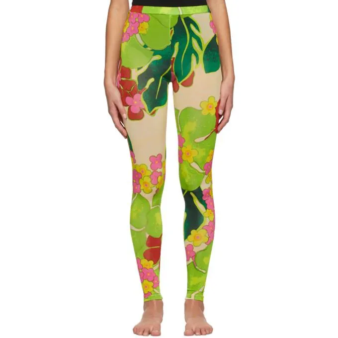 Dries Van Noten Green and Taupe Floral Leggings