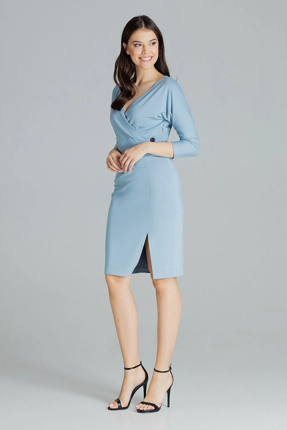 Elegant Black Midi Dress with Kimono Sleeves and Playful Front Slit