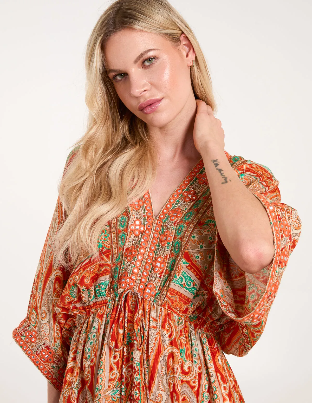 Embellished Kimono Midi Dress