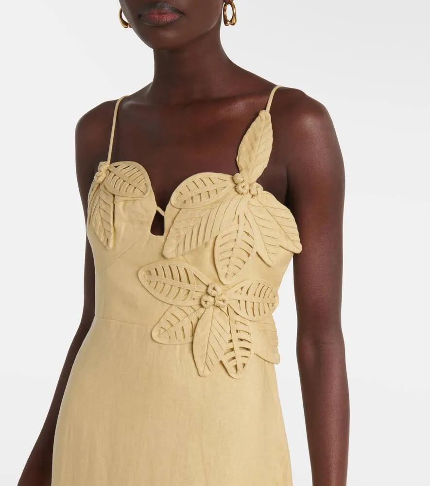 Farm Rio Sand floral-appliqu√É¬© linen midi dress