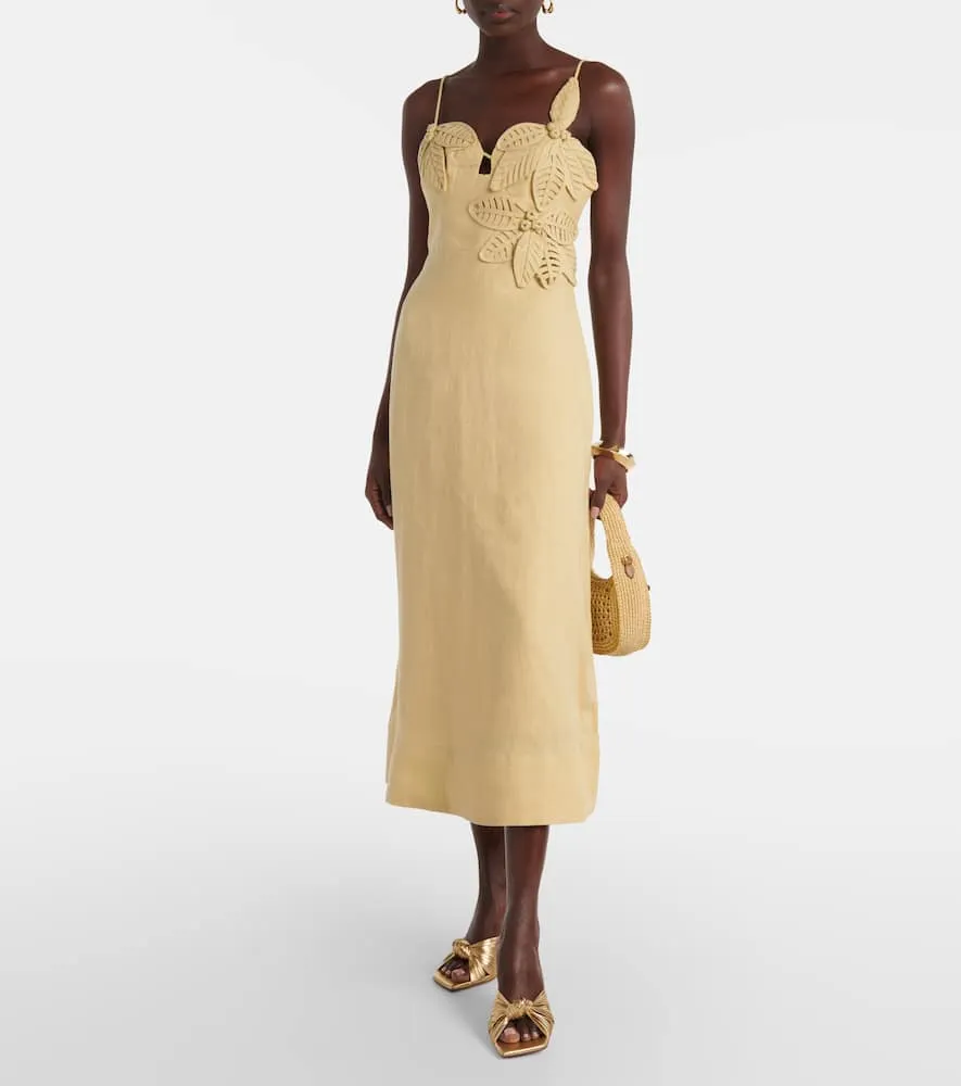 Farm Rio Sand floral-appliqu√É¬© linen midi dress