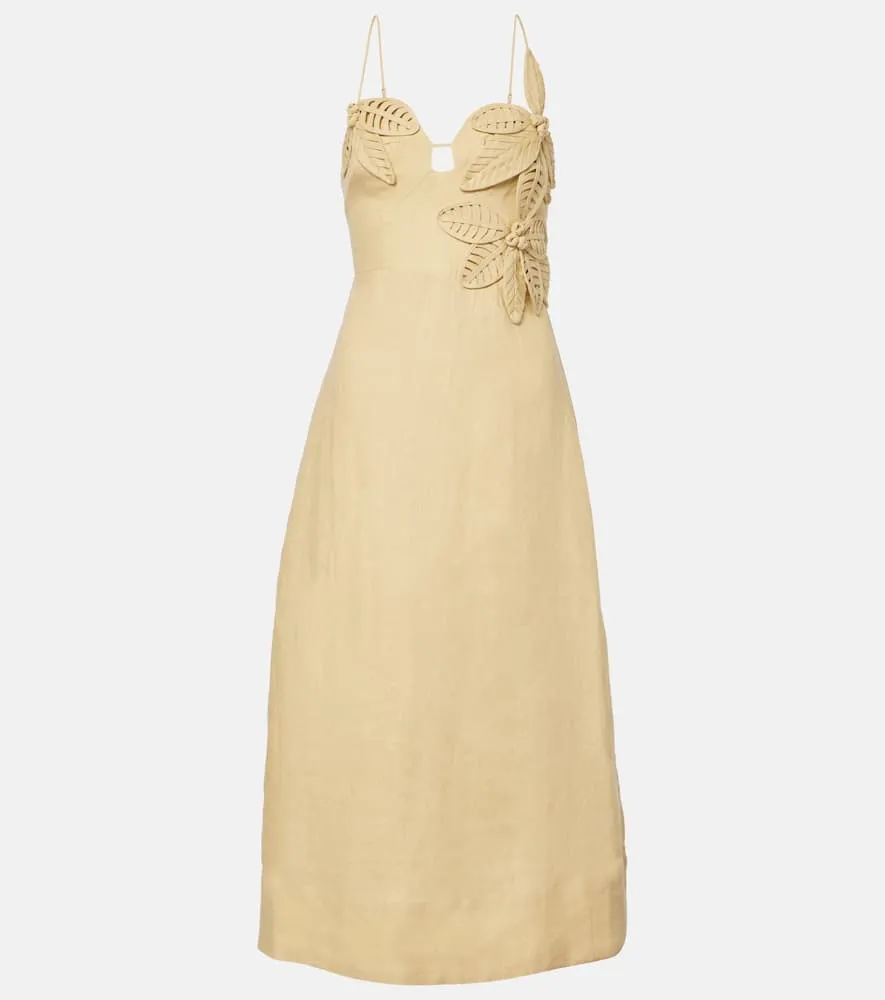 Farm Rio Sand floral-appliqu√É¬© linen midi dress