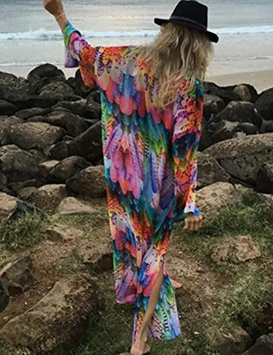 Feather Print Kimono: Women's Long Sleeve Beach Cardigan