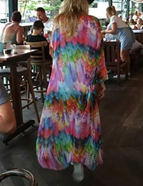 Feather Print Kimono: Women's Long Sleeve Beach Cardigan