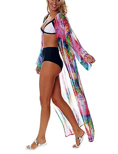 Feather Print Kimono: Women's Long Sleeve Beach Cardigan